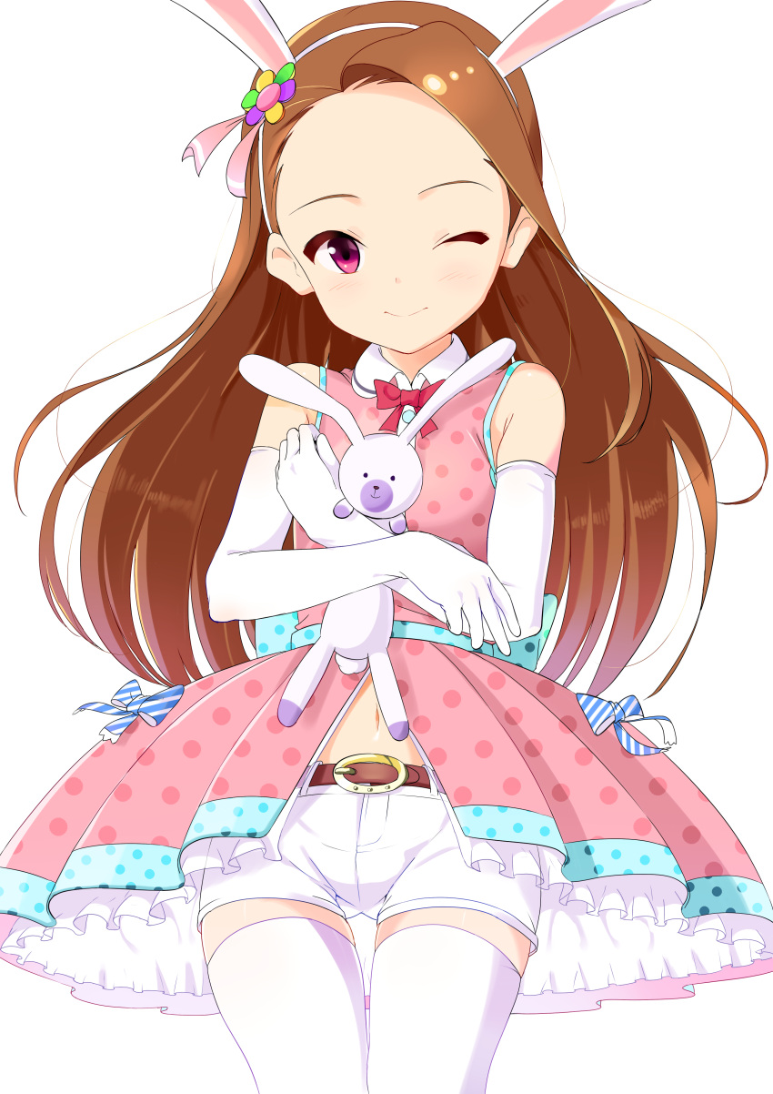 1girl absurdres animal_ears bare_shoulders belt blush brown_hair dress elbow_gloves forehead gloves hairband highres idolmaster long_hair minase_iori navel one_eye_closed pink_dress polka_dot polka_dot_dress rabbit rabbit_ears red_eyes short_shorts shorts smile solo stuffed_animal stuffed_bunny stuffed_toy thigh-highs virtual_harimoto white_gloves white_legwear