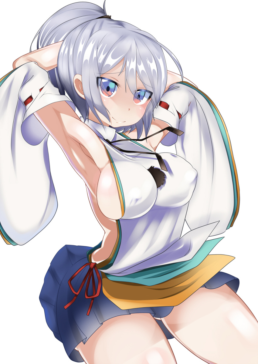 1girl armpits arms_up breasts detached_sleeves grey_hair hat highres japanese_clothes kariginu large_breasts long_sleeves mononobe_no_futo no_hat ponytail sideboob silver_hair simple_background skirt solo takashi_(nekoro) tate_eboshi touhou white_background wide_sleeves