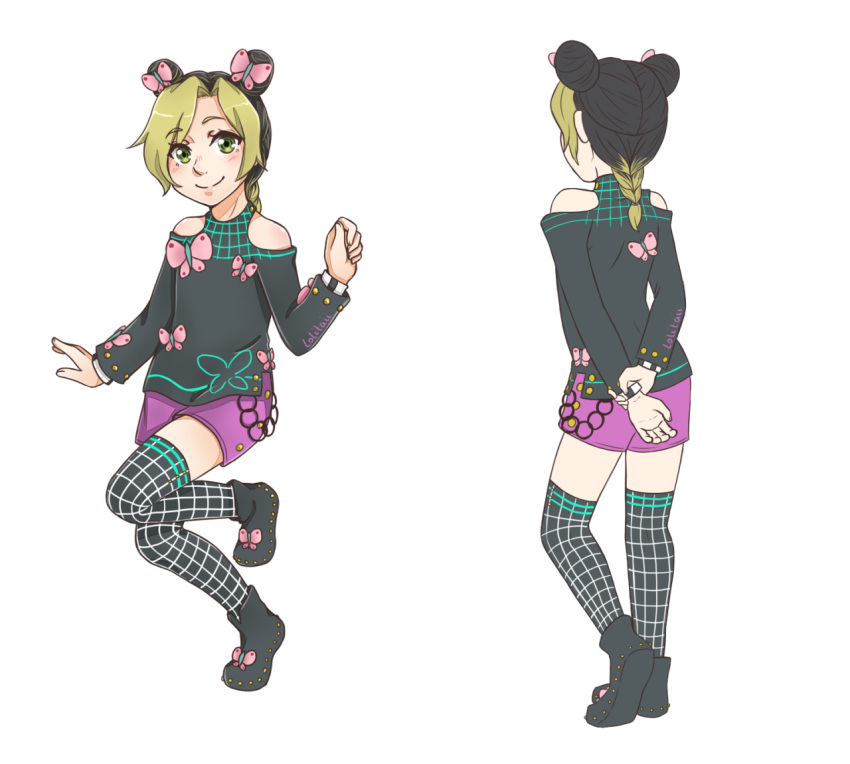 1girl arms_behind_back artist_name bare_shoulders black_boots black_hair blonde_hair boots braid butterfly_hair_ornament double_bun from_behind full_body green_eyes hair_ornament jojo_no_kimyou_na_bouken kuujou_jolyne lolitaii multicolored_hair multiple_views short_shorts shorts signature single_braid smile thigh-highs two-tone_hair younger