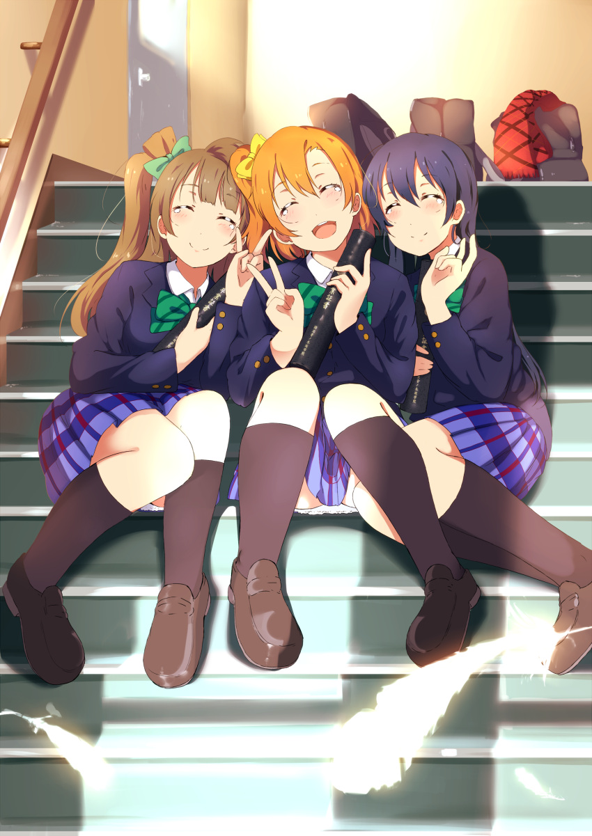 3girls :d ^_^ absurdres backpack backpack_removed bag bangs black_legwear blazer blue_hair bow brown_hair brown_shoes closed_eyes crying diploma door facing_viewer feathers hair_bow happy_tears haru_(toarutakii) head_tilt highres indoors jacket kneehighs kousaka_honoka loafers long_hair long_sleeves love_live!_school_idol_project md5_mismatch minami_kotori multiple_girls one_side_up open_mouth orange_hair plaid plaid_skirt pleated_skirt shoes short_hair side-by-side side_ponytail sitting sitting_on_stairs skirt smile sonoda_umi stairs sunlight tears v wing_collar
