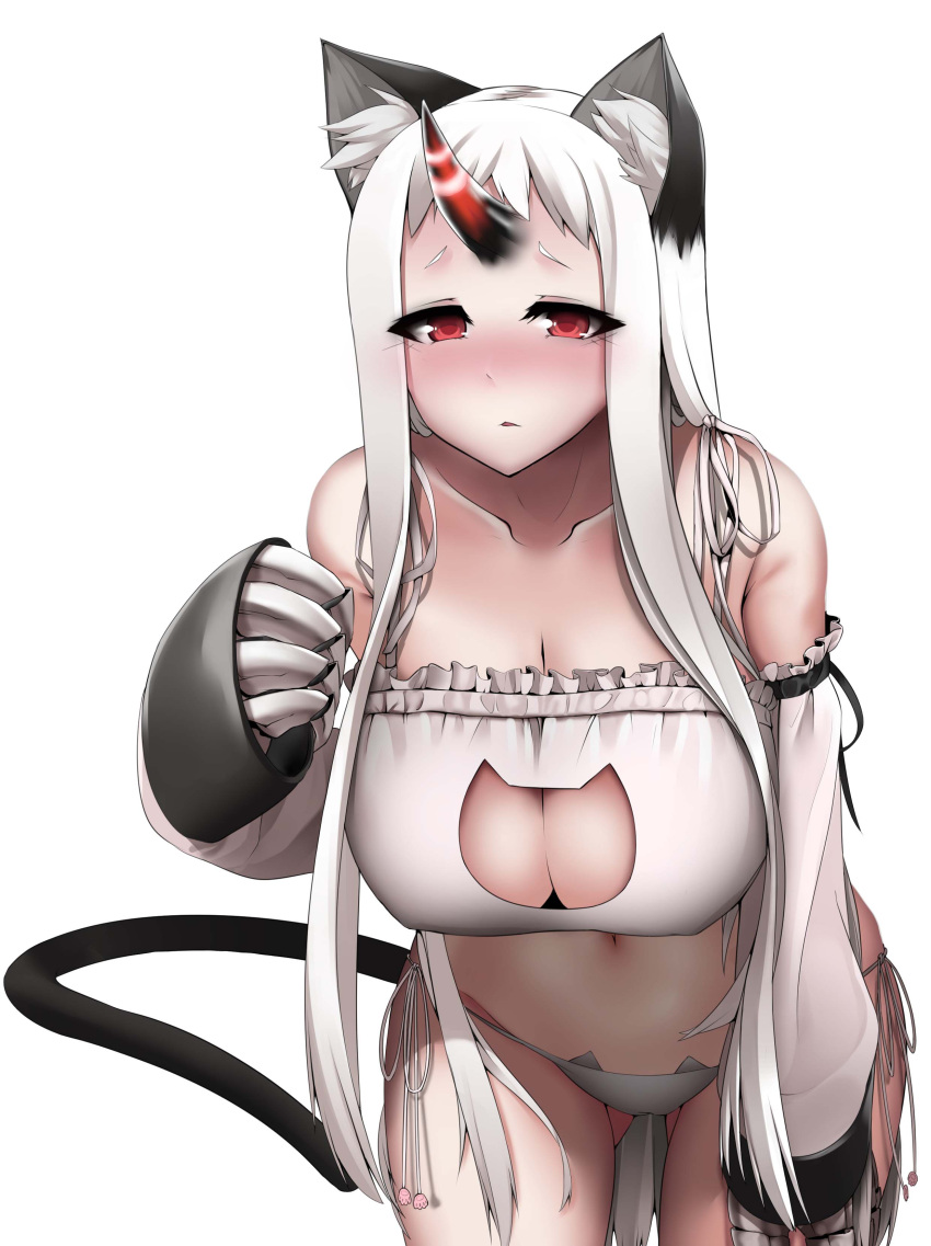 1girl absurdres animal_ears ass_visible_through_thighs bra breasts cat_cutout cat_ear_panties cat_ears cat_lingerie cat_tail claws cleavage_cutout frilled_bra frills highres horn kantai_collection kemonomimi_mode large_breasts luonawei pale_skin panties red_eyes seaport_hime shinkaisei-kan side-tie_panties solo tail underwear underwear_only white_bra white_hair white_panties