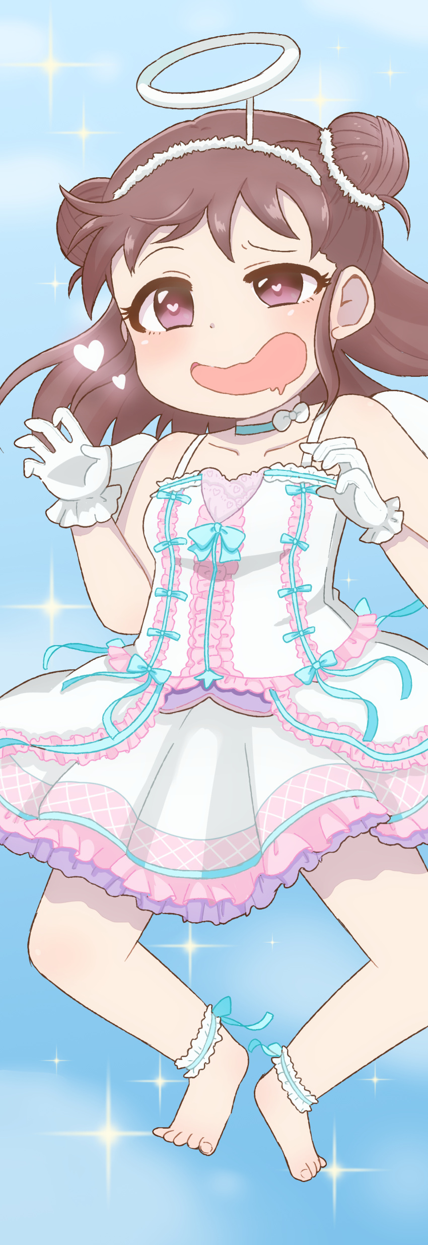 1girl absurdres angel_wings anklet bare_shoulders barefoot bow brown_hair choker dress drooling frills gloves halo hanaro_(ka6p) heart heart-shaped_pupils highres idolmaster idolmaster_cinderella_girls jewelry munakata_atsumi open_mouth skirt smile solo sparkle symbol-shaped_pupils violet_eyes wings