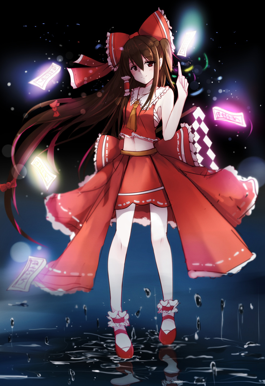 1girl absurdres alternate_hairstyle ascot bobby_socks bow brown_eyes brown_hair detached_sleeves floating full_body glowing gohei hair_bow hair_ribbon hair_tubes hakurei_reimu highres long_hair looking_at_viewer navel ofuda pointing pointing_up qingye_ling red_bow red_shoes reflection ribbon ribbon-trimmed_sleeves ribbon_trim sarashi shoes side_ponytail sketch skirt skirt_set smile socks solo touhou very_long_hair water water_drop wide_sleeves