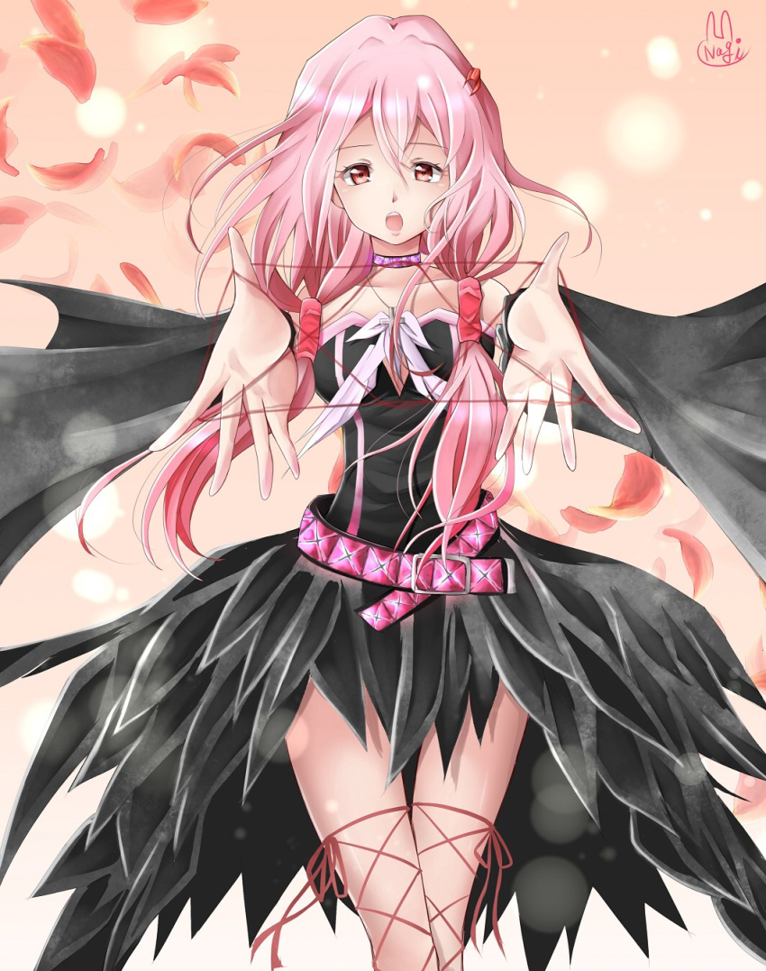 1girl bare_shoulders cat's_cradle commentary_request cross cross_necklace dress guilty_crown hair_ornament hairclip highres jewelry long_hair looking_at_viewer nachosu necklace open_mouth pink_hair solo twintails yuzuriha_inori
