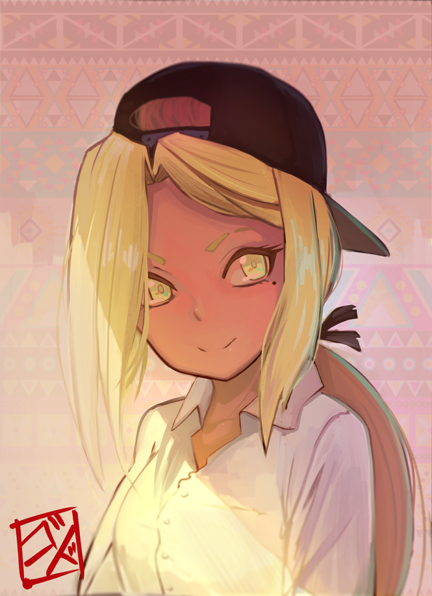 1girl backwards_hat baseball_cap blonde_hair collared_shirt dress_shirt godsh0t hat highres long_sleeves looking_at_viewer mole mole_under_eye original shirt smile solo sunlight upper_body white_shirt yellow_eyes