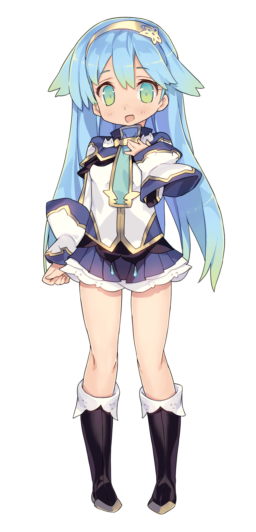 1girl :o absurdres aqua_eyes aqua_hair blade_(galaxist) blue_hair blush boots eve_ainsworth full_body gradient_eyes gradient_hair green_eyes green_hair hand_on_own_chest highres long_hair long_sleeves looking_at_viewer multicolored_eyes multicolored_hair official_art open_mouth pleated_skirt pop-up_story simple_background skirt sleeve_cuffs smile solo transparent_background