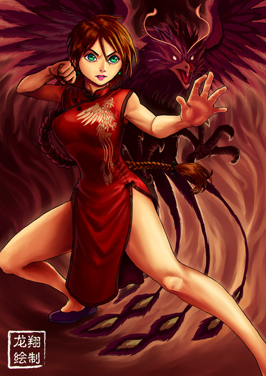 1girl bird borrowed_character braid breasts brown_hair china_dress chinese_clothes clenched_hand dress earrings eyebrows flats full_body green_eyes highres jewelry lipstick long_hair makeup making_of original phoenix red_dress ryu_shou side_slit single_braid sleeveless sleeveless_dress solo very_long_hair voltsurge_(s3rb4n)