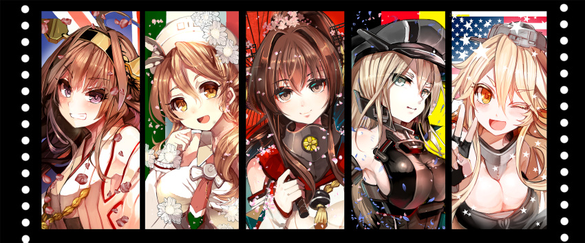 5girls ahoge american_flag anchor_choker bangs bismarck_(kantai_collection) blonde_hair blue_eyes breasts brown_eyes brown_hair cis_(carcharias) cleavage collar commentary_request detached_sleeves fingerless_gloves flower german_flag gloves grey_eyes grin hair_between_eyes hair_flower hair_ornament hairband hat headdress highres iowa_(kantai_collection) italian_flag kantai_collection kongou_(kantai_collection) large_breasts littorio_(kantai_collection) long_hair looking_at_viewer multiple_girls necktie nontraditional_miko one_eye_closed open_mouth orange_eyes oriental_umbrella peaked_cap petals ponytail revision sideboob sleeves_past_wrists smile umbrella uniform union_jack v wide_sleeves yamato_(kantai_collection)