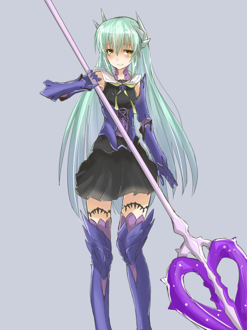 1girl absurdres aqua_hair armor armored_boots bangs blush boots dress fate/grand_order fate/prototype fate/prototype:_fragments_of_blue_and_silver fate_(series) gauntlets hair_between_eyes highres holding holding_weapon horns kagari3 kiyohime_(fate/grand_order) lancer_(fate/prototype_fragments) lancer_(fate/prototype_fragments)_(cosplay) long_hair looking_at_viewer miniskirt pleated_skirt polearm purple_legwear simple_background skirt smile solo spear thigh-highs very_long_hair weapon yellow_eyes