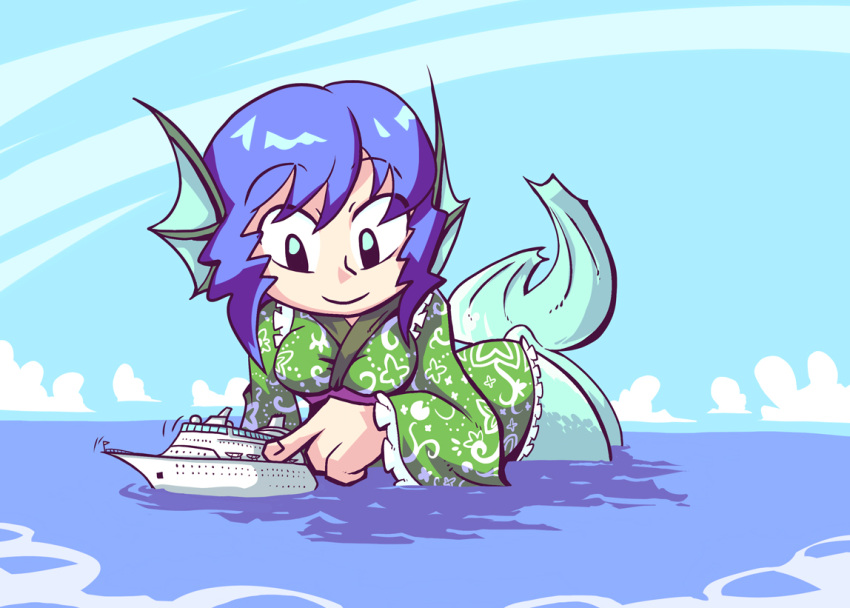 1girl blue_hair blue_sky clouds fish_tail giantess head_fins japanese_clothes kimono mermaid monster_girl ocean setz ship sky solo touhou wakasagihime watercraft wide_sleeves