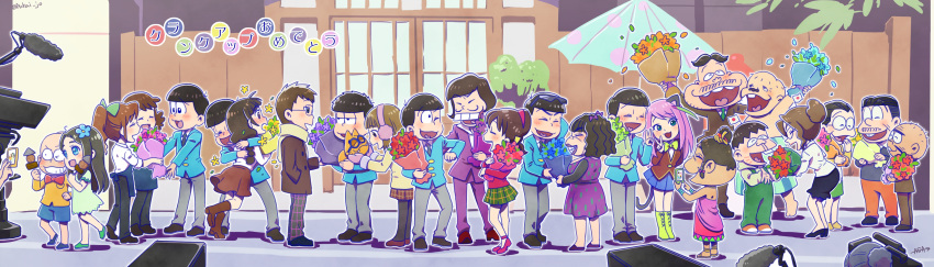 6+boys 6+girls :3 ;d ^_^ absurdres aida_(osomatsu-san) animal animal_ears apron arm_behind_back arm_up artist_name back bald bangs barefoot black_legwear black_necktie black_pants black_shoes black_skirt blue_apron blue_eyes blue_flower blue_shorts blue_skirt blush boom_microphone boots bouquet bow bowtie bracelet braid brothers brown_hair buck_teeth cable camera cat cat_ears cat_tail chibita closed_eyes coat collared_shirt commentary_request couple covering_mouth dark_skin dayoon dayoon_girl dekapan dobusu_(osomatsu-san) dress earmuffs employee_uniform esper_nyanko everyone extra eyebrows eyebrows_visible_through_hair facial_hair family flower flower_fairy_(osomatsu-kun) food formal fukai_(yas_lions) gift glasses glasses_boy_(osomatsu-san) green_bow green_dress green_flower green_skirt grey_pants grin hair_bow hair_bun hair_flower hair_ornament hairband hand_in_pocket happy hashimoto_nyaa hatabou head_flag heart heart_in_mouth hetero high_heels highres hijirisawa_shonosuke holding holding_bouquet holding_cat holding_food holding_phone hood hood_down hug husband_and_wife iyami jacket jewelry juushimatsu's_girlfriend laughing leaning_forward leaning_on_person legs_apart lipstick long_sleeves looking_at_another looking_at_viewer makeup matsuno_choromatsu matsuno_ichimatsu matsuno_juushimatsu matsuno_karamatsu matsuno_matsuyo matsuno_matsuzou matsuno_osomatsu matsuno_todomatsu messy_hair microphone miniskirt mittens multicolored_hair multiple_boys multiple_girls necklace necktie oden one_eye_closed open_mouth orange_flower orange_pants osomatsu-kun osomatsu-san out_of_frame outdoors outstretched_arms overalls pants pantyhose petals pink_flower pink_lips plant pleated_skirt ponytail purple_dress purple_flower purple_jacket purple_pants red_boots red_bow red_bowtie red_flower red_shoes red_skirt sachiko_(osomatsu-san) sandals sextuplets shirt shirtless shoes short-haired_girl_(osomatsu-san) short_sleeves siblings single_braid skirt sliding_doors smile standing standing_on_one_leg streaked_hair suit sunglasses sunglasses_on_head tail taking_picture tears tree tv_camera umbrella uniform v wavy_hair white_shirt yellow_flower yellow_shirt yowai_totoko