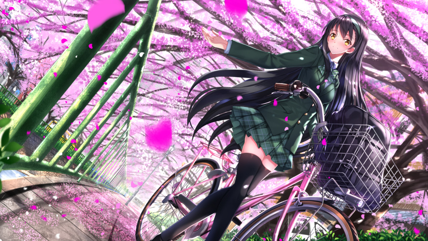 1girl backpack backpack_removed bag bicycle bicycle_basket black_hair black_legwear blazer cherry_blossoms dutch_angle from_below green_skirt highres jacket long_hair original outdoors outstretched_arm petals railing school_bag school_uniform skirt smile solo standing swordsouls thigh-highs wallpaper yellow_eyes