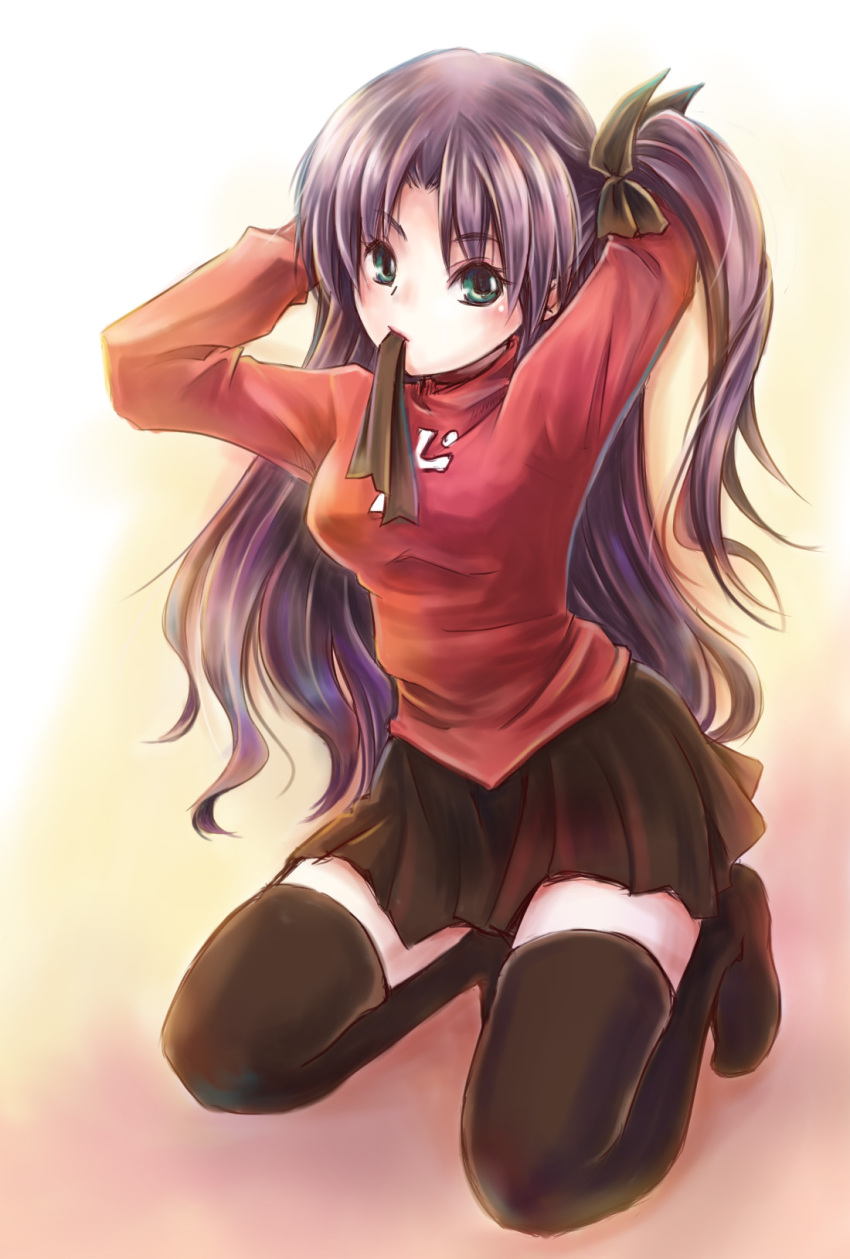 1girl adjusting_hair black_legwear black_skirt breasts fate/stay_night fate_(series) full_body green_eyes highres kneeling long_hair mouth_hold no_shoes one_side_up pleated_skirt purple_hair rito_(ritostyle) skirt solo sweater thigh-highs toosaka_rin turtleneck very_long_hair zettai_ryouiki