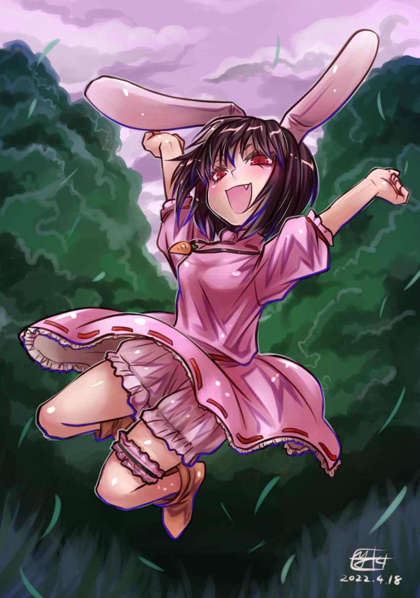 1girl absurdres animal_ears arms_up bangs blush breasts brown_footwear carrot_necklace clouds commentary_request dated dress falling_leaves floppy_ears frilled_sleeves frills full_body grass hair_between_eyes highres inaba_tewi jumping leaf looking_at_viewer open_mouth outdoors pink_dress pink_sky puffy_short_sleeves puffy_sleeves rabbit_ears rabbit_girl red_eyes ribbon-trimmed_dress shoes short_hair short_sleeves small_breasts smile solo thigh_strap touhou tree yuuki_hiyayako