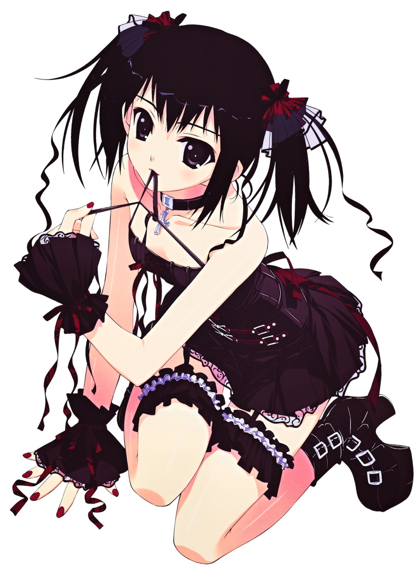 bare_shoulders black_hair boots choker corset cross dress fingerless_gloves fingernails garters gloves gothic_lolita highres lolita_fashion murakami_suigun nail_polish nails solo transparent_background twintails