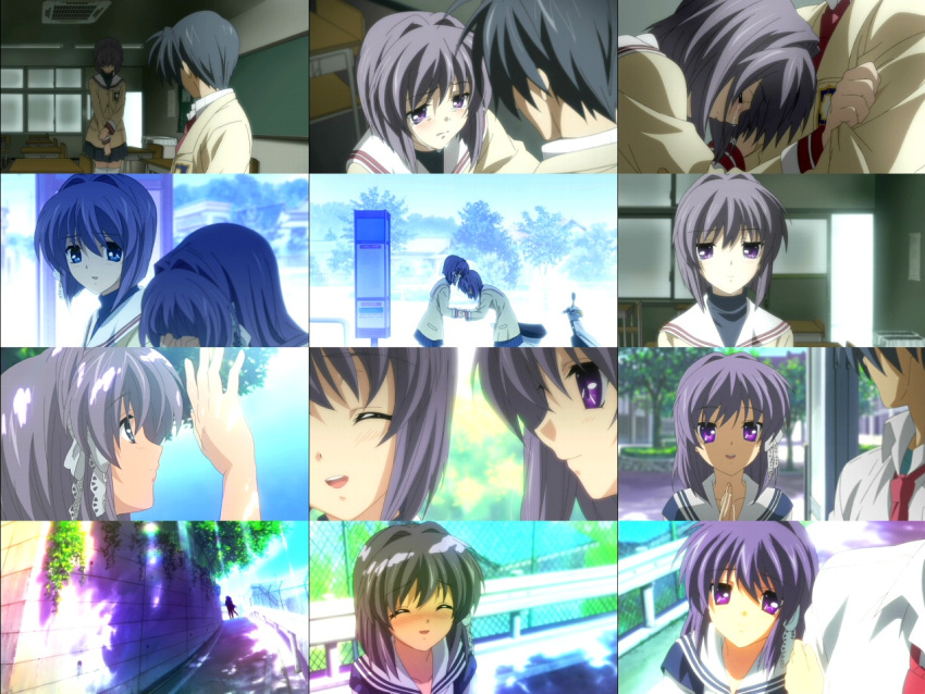 blue_eyes blue_hair clannad fujibayashi_kyou fujibayashi_ryou ikeda_kazumi okazaki_tomoya ribbon school_uniform scooter short_hair tears