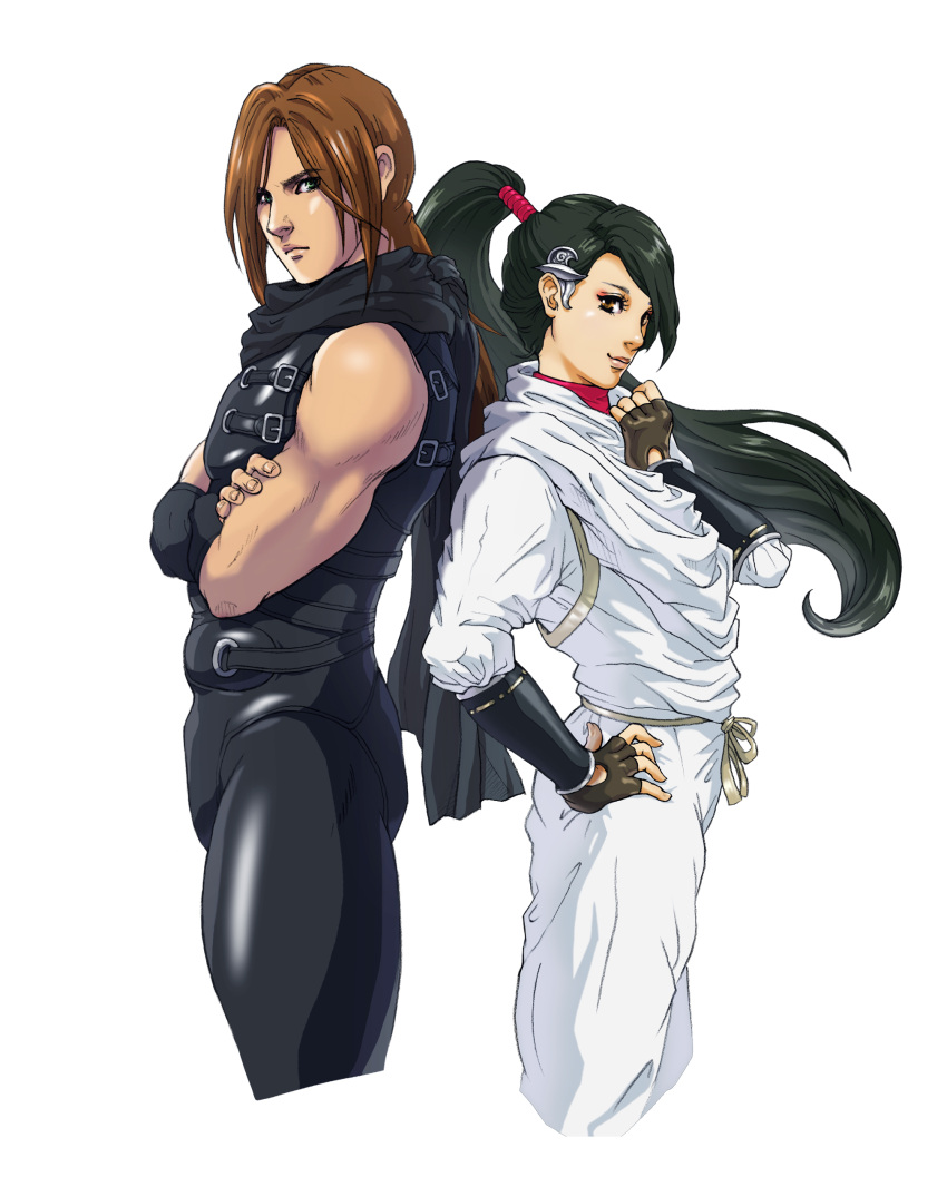 back-to-back back_to_back black_hair brown_eyes brown_hair green_eyes highres long_hair momiji_(ninja_gaiden) ninja_gaiden ninja_gaiden_dragon_sword official_art ponytail ryu_hayabusa