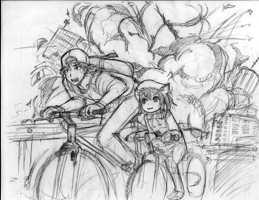 1boy 1girl :3 animal_ears backpack backwards_hat bag baseball_cap bicycle bicycle_riding bkub_(style) cat_ears chen crossover earrings explosion golden_boy hat jewelry monochrome ooe_kintarou pan!ies parody sketch touhou traditional_media