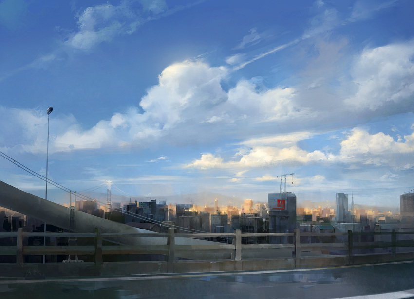a-shacho blurry building city cityscape clouds commentary cover crane depth_of_field hill no_humans original power_lines road scenery sky street