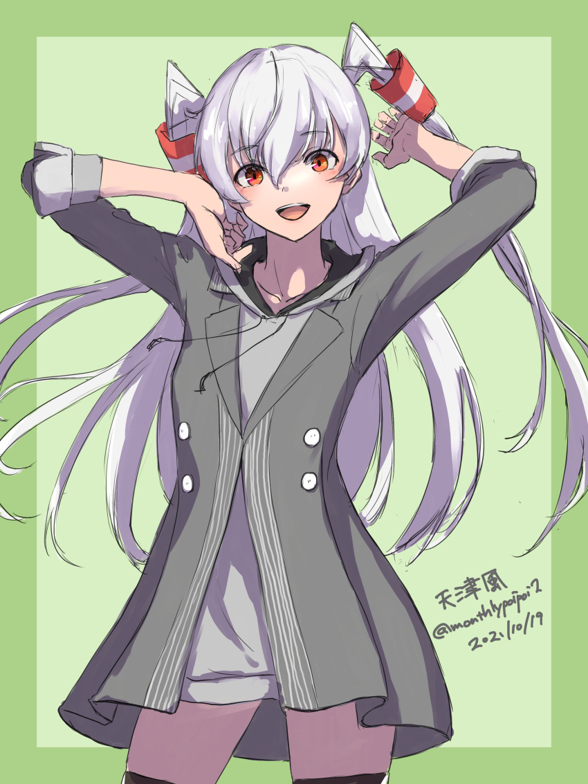 1girl absurdres amatsukaze_(kancolle) black_legwear contrapposto cowboy_shot dress green_background grey_dress hair_tubes highres kantai_collection long_hair looking_at_viewer official_alternate_costume red_eyes silver_hair smile solo standing thigh-highs two-tone_background two_side_up umibudou windsock
