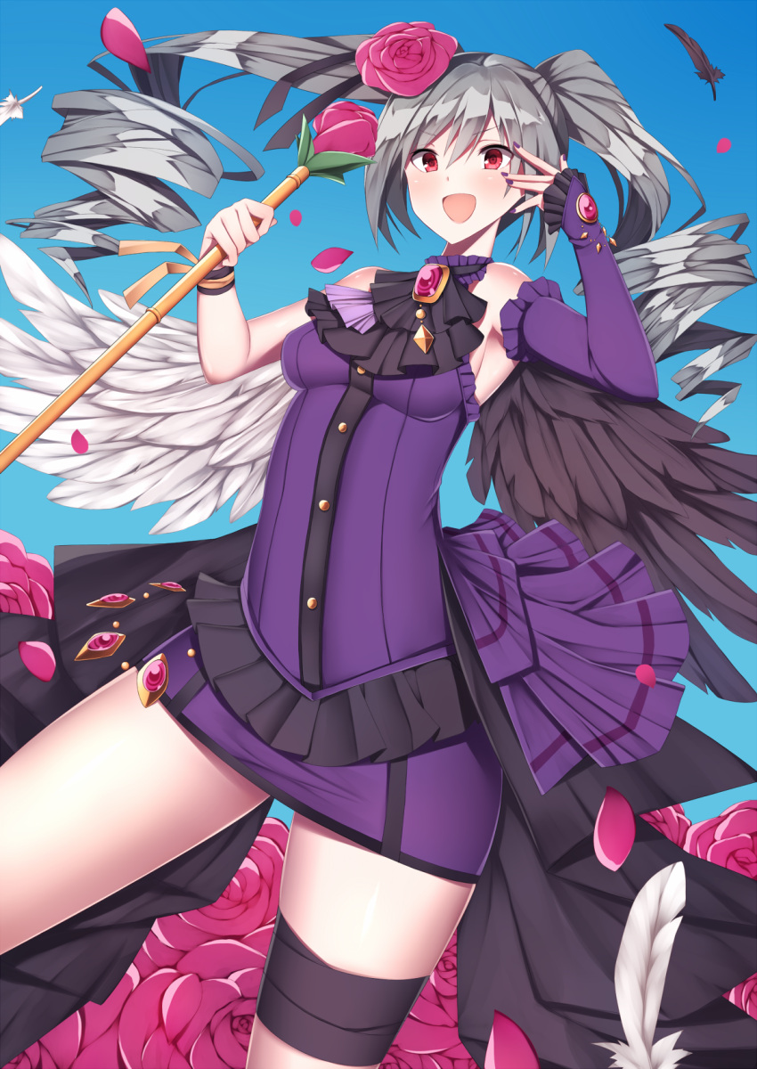 1girl :d angel_wings bad_id bad_proportions dress drill_hair flower hair_flower hair_ornament highres idolmaster idolmaster_cinderella_girls inaba_sunimi kanzaki_ranko long_hair open_mouth red_eyes rosenburg_engel silver_hair smile solo twin_drills twintails wings