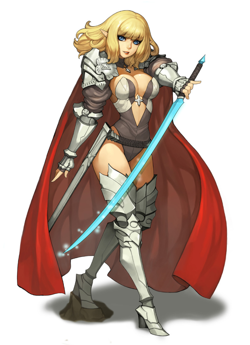1girl armor bangs belt blonde_hair blue_eyes blunt_bangs breasts cape cleavage elf fingerless_gloves full_body gloves gurimjang highres knight large_breasts leotard looking_at_viewer original parted_lips pinky_out pointy_ears sheath smile solo sword weapon