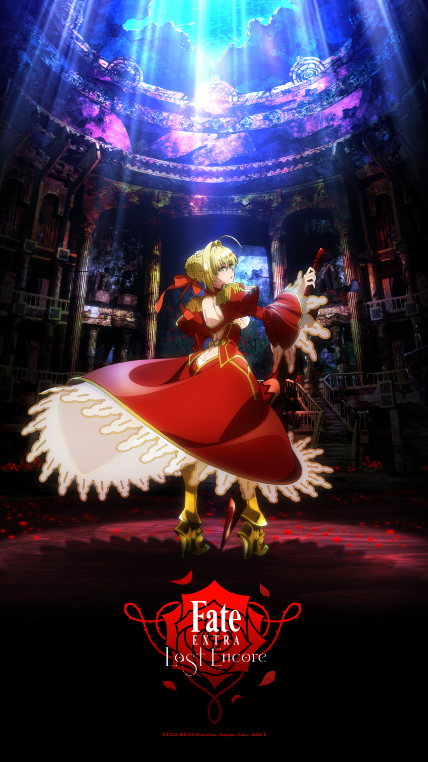 1girl aestus_estus ahoge armor armored_boots back blonde_hair boots breasts butt_crack dress epaulettes fate/extra fate_(series) flower greaves green_eyes hair_ribbon high_heel_boots high_heels highres logo long_sleeves looking_back official_art open-back_dress petals plant red_dress ribbon rose rose_petals saber_extra see-through short_hair shoulder_blades solo stairs sword thorns vines weapon wide_sleeves