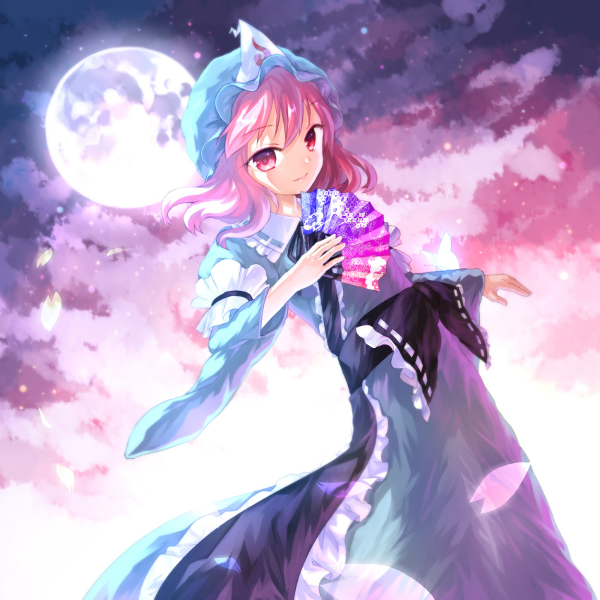 1girl backlighting butterfly clouds collar frilled_collar frills full_moon goshoguruma hat highres hinasumire japanese_clothes kikkoumon kimono light_particles long_sleeves looking_at_viewer mob_cap moon moonlight night night_sky obi perspective petals pink_eyes pink_hair ribbon-trimmed_clothes ribbon-trimmed_collar ribbon_trim saigyouji_yuyuko saigyouji_yuyuko's_fan_design sash shippou_(pattern) short_hair sky smile solo touhou triangular_headpiece wide_sleeves wind