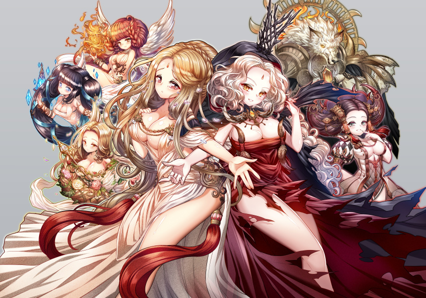 6+girls absurdres au&scaron;rinė black_hair blonde_hair blue_eyes blush braid breast_hold breasts brown_hair cape character_request cleavage crying dress fire flower gabiya giltine grey_hair highres jewelry laima long_hair monster multiple_girls necklace no_bra poseich red_eyes redhead saulė see-through short_hair single_braid smile torn_clothes tree_of_savior twintails vakarinė wings