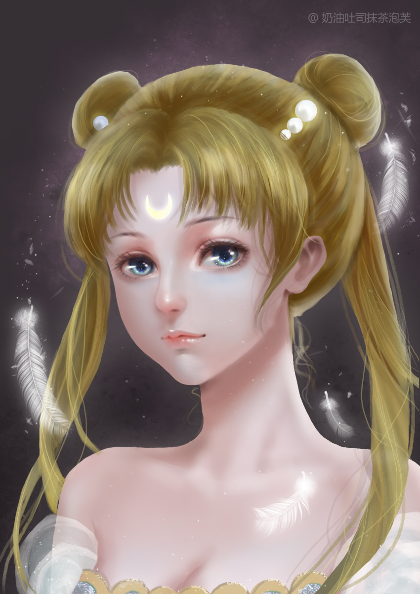 1girl bangs bare_shoulders bishoujo_senshi_sailor_moon blonde_hair blue_eyes crescent double_bun eyelashes face facial_mark feathers forehead_mark hair_ornament hairclip highres light_smile lips looking_at_viewer parted_bangs princess_serenity realistic solo toast_(artist) tsukino_usagi twintails white_feathers