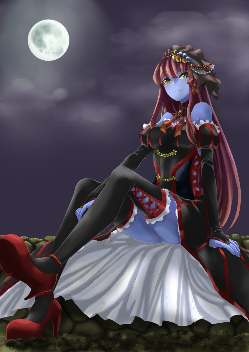 1girl absurdres bare_shoulders black_legwear blue_skin breasts clouds cloudy_sky dress full_body hair_ornament high_heels highres jewelry kirakawa-yukino large_breasts light_rays long_hair looking_afar moon moonlight night original outdoors red_shoes ring rock shoes sitting sky smile solo thigh-highs yellow_eyes zettai_ryouiki