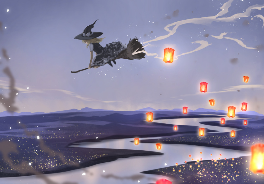1girl anonamos black_skirt black_vest blonde_hair blue_sky blurry bow broom broom_riding clouds depth_of_field evening flying frilled_skirt frills from_behind hat hat_bow kirisame_marisa lantern light_particles mountain paper_lantern river scenery silhouette skirt skirt_set sky smoke solo sunset touhou witch_hat