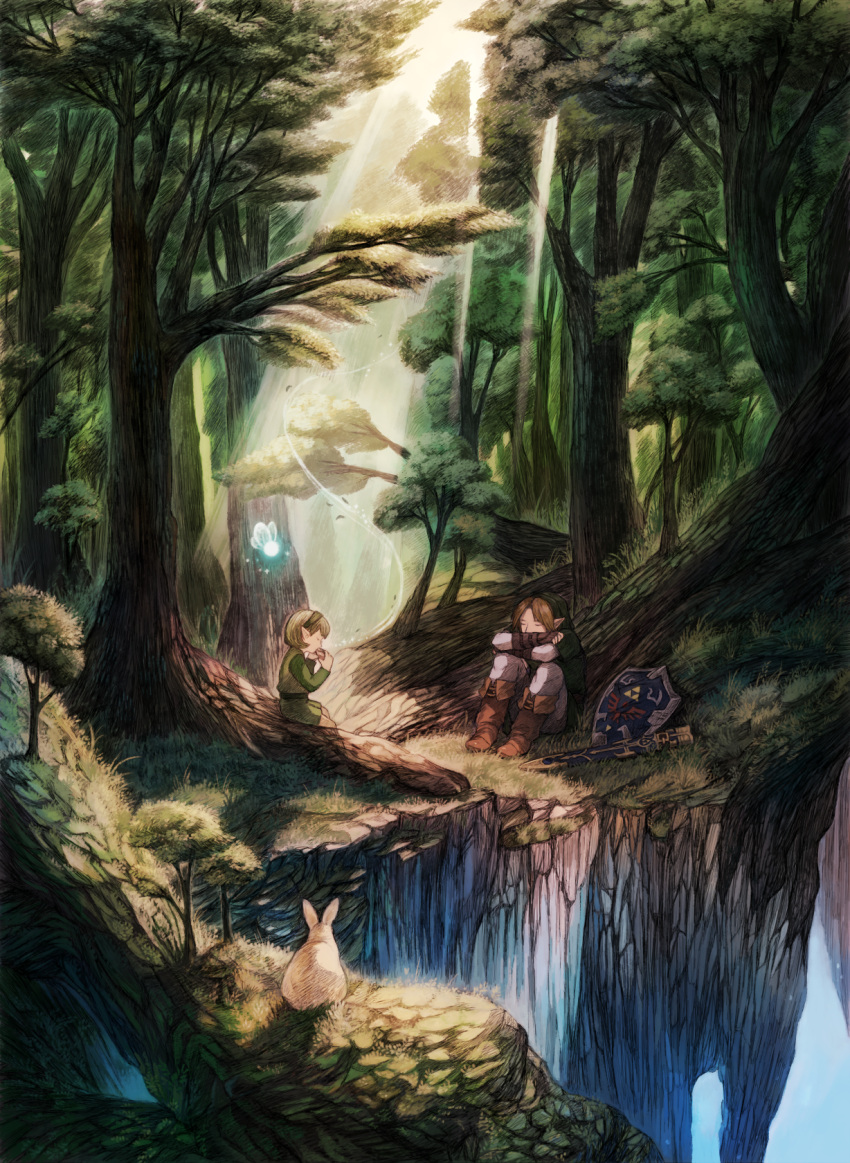 1boy 1girl against_tree animal cliff closed_eyes commentary fairy forest green_hair hat highres instrument light_rays link maekakekamen nature ocarina playing_instrument rabbit saria scenery shield short_hair sitting sleeping sleeping_upright sunlight sword the_legend_of_zelda the_legend_of_zelda:_ocarina_of_time tree weapon