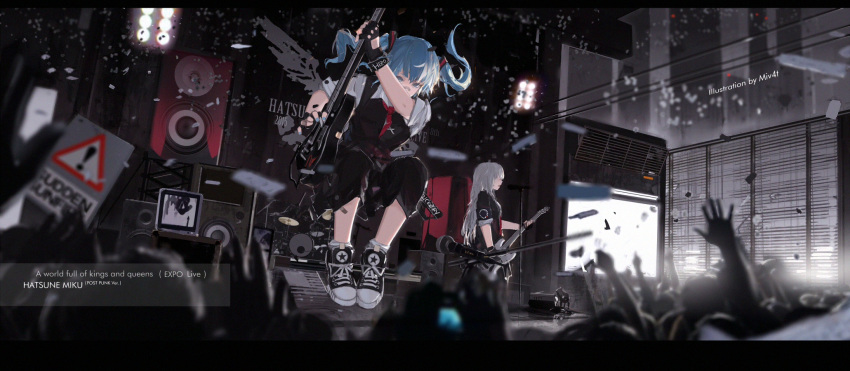2015 2girls aqua_eyes aqua_hair audience bass_guitar character_name character_request crowd electric_guitar guitar hatsune_miku highres instrument lights microphone microphone_stand mivit multiple_girls necktie night speaker twintails vocaloid white_hair