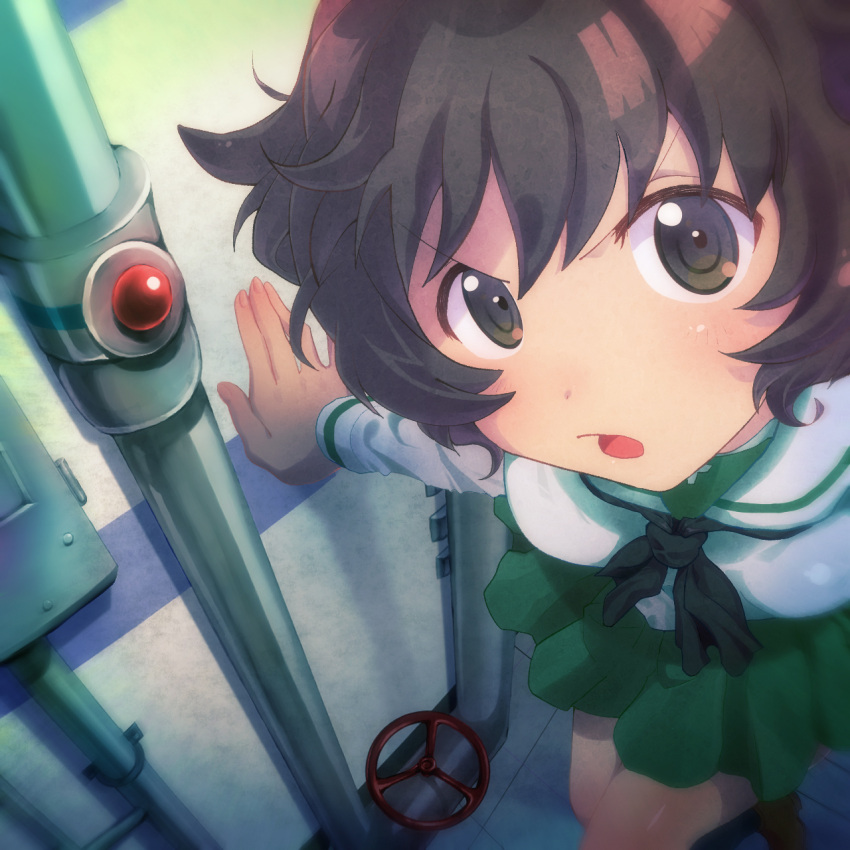 1girl akiyama_yukari black_legwear brown_eyes brown_hair close-up commentary endou_hacchi face foreshortening from_above girls_und_panzer green_skirt highres indoors loafers long_sleeves looking_at_viewer messy_hair miniskirt neckerchief parted_lips pleated_skirt school_uniform serafuku ship shoes short_hair skirt sneaking socks solo standing white_blouse