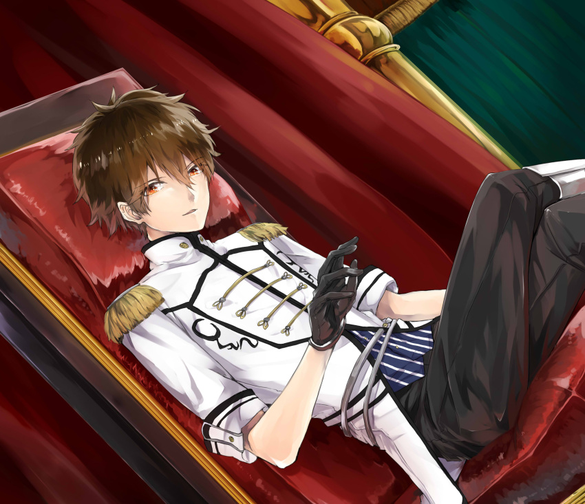 1boy absurdres aiguillette bad_id black_gloves black_pants boots brown_hair buttons collar crossed_legs curtains dutch_angle emblem ensemble_stars! epaulettes evil_smile gloves hair_between_eyes highres knee_boots looking_at_viewer military military_uniform morisawa_chiaki orange_eyes pants parted_lips pillar sanmon_(mekko0929) short_sleeves sitting sleeves_folded_up smile solo throne uniform white_boots