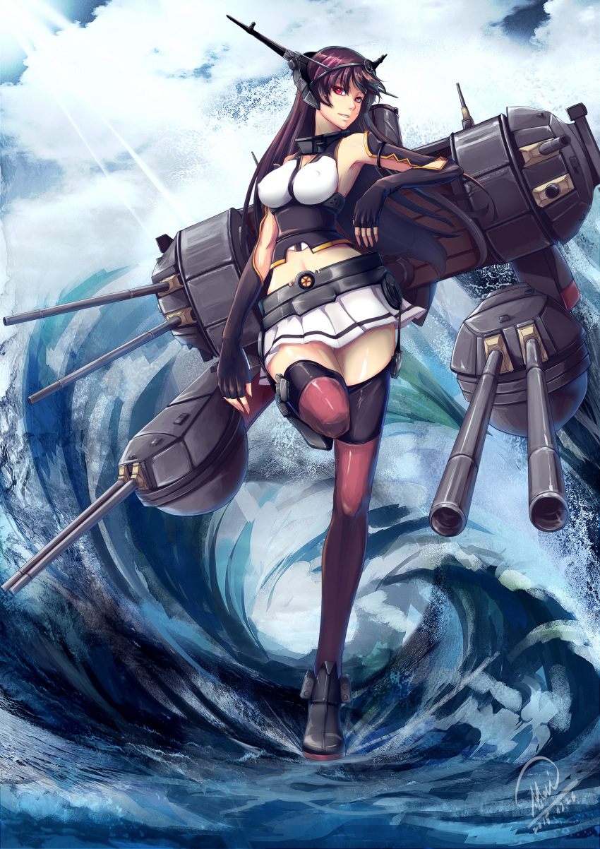 1girl absurdres artist_name clouds covered_nipples fingerless_gloves gloves highres kantai_collection long_hair looking_to_the_side miniskirt nagato_(kantai_collection) navel pleated_skirt pose purple_hair red_eyes shou_mai skirt sky solo thigh-highs turret water zettai_ryouiki