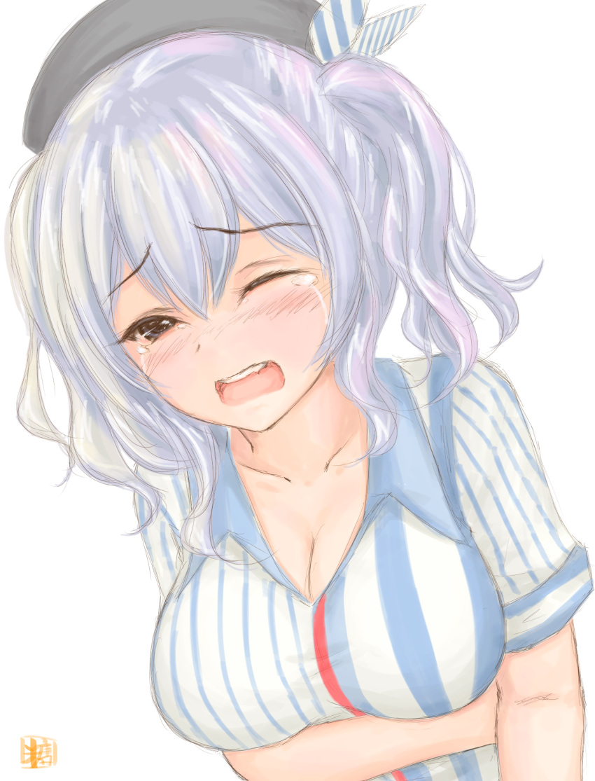 1girl absurdres breast_hold breasts cleavage collarbone crying crying_with_eyes_open employee_uniform grey_eyes highres kantai_collection kashima_(kantai_collection) large_breasts lawson leaning_forward one_eye_closed open_mouth pain shirt short_sleeves silver_hair simple_background sketch solo striped striped_shirt sweetsoupman tears twintails uniform upper_body vertical-striped_shirt vertical_stripes wavy_hair white_background
