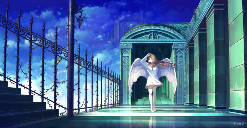 1girl angel_wings brown_hair clouds dress fantasy feel_(nasitaki) fence long_sleeves original outdoors plant reflection scenery shadow signature sky solo stairs vines white_dress white_wings wind wings