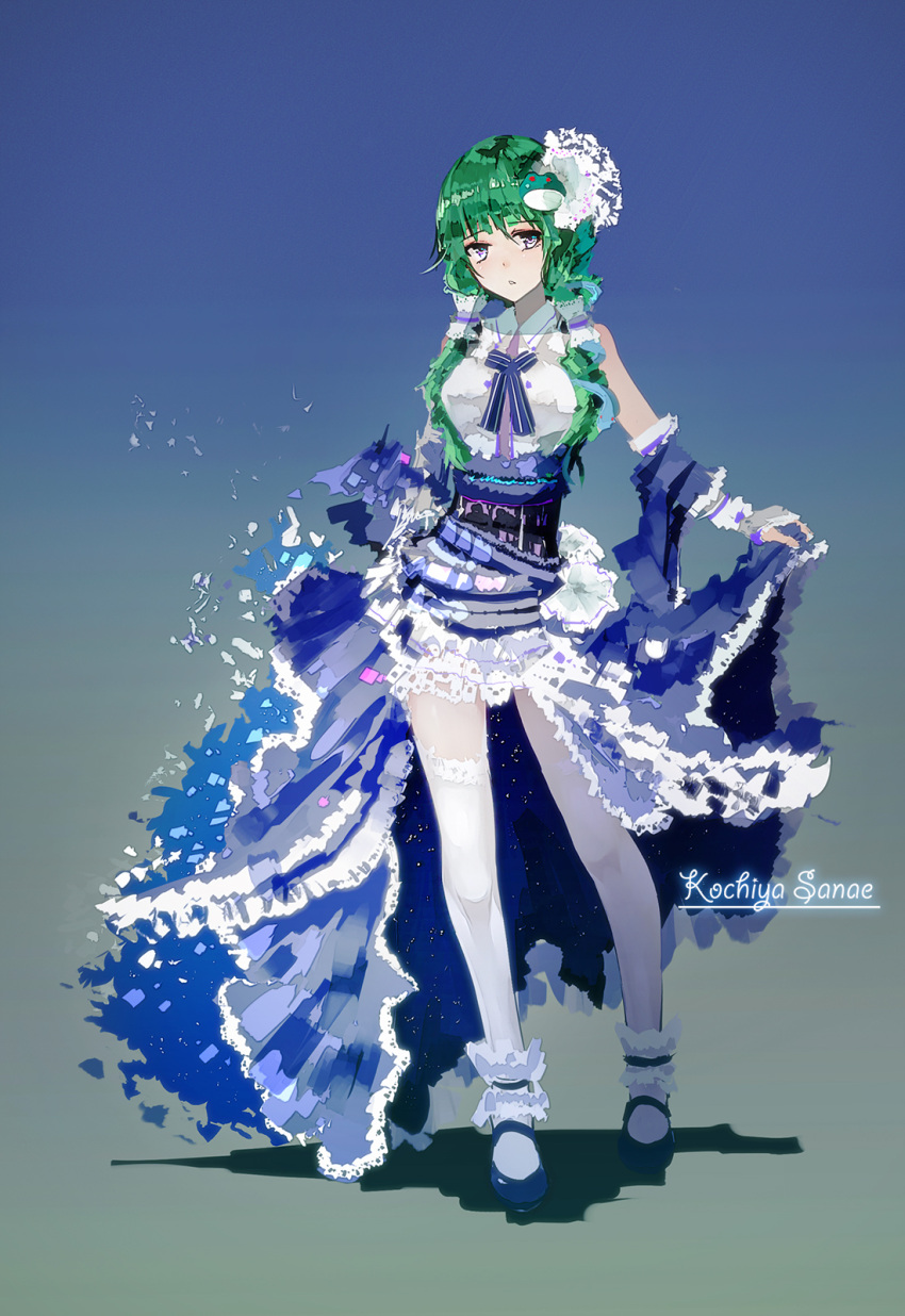 1girl adapted_costume alternate_hairstyle ankle_cuffs bangs bba1985 blue_background blue_eyes blue_shoes blue_skirt breasts character_name frog_hair_ornament gloves gradient gradient_background green_hair hair_ornament hair_tubes highres kochiya_sanae layered_skirt long_skirt looking_at_viewer mary_janes miniskirt parted_lips shawl shiny shiny_hair shoes short_hair_with_long_locks skirt skirt_lift snake_hair_ornament solo thigh-highs touhou white_gloves white_legwear white_skirt wrist_cuffs