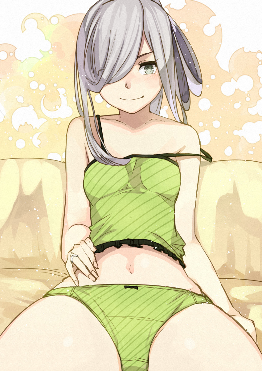 1girl absurdres asashimo_(kantai_collection) bare_shoulders breasts camisole collarbone green_panties grey_eyes grey_hair hair_over_one_eye hand_on_own_stomach highres jewelry kanmiya_shinobu kantai_collection long_hair looking_at_viewer multicolored_hair navel panties ring silver_hair sitting small_breasts smile solo strap_slip underwear underwear_only wedding_band