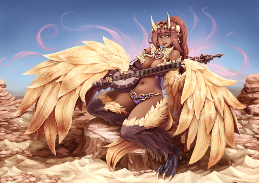 1girl artist_name barbariank bare_shoulders blue_eyes breasts brown_hair cleavage dark_skin feathered_wings gandharva harpy instrument jewelry midriff monster_girl monster_girl_encyclopedia navel pointy_ears ponytail revision signature sitar smile solo tail talons wings