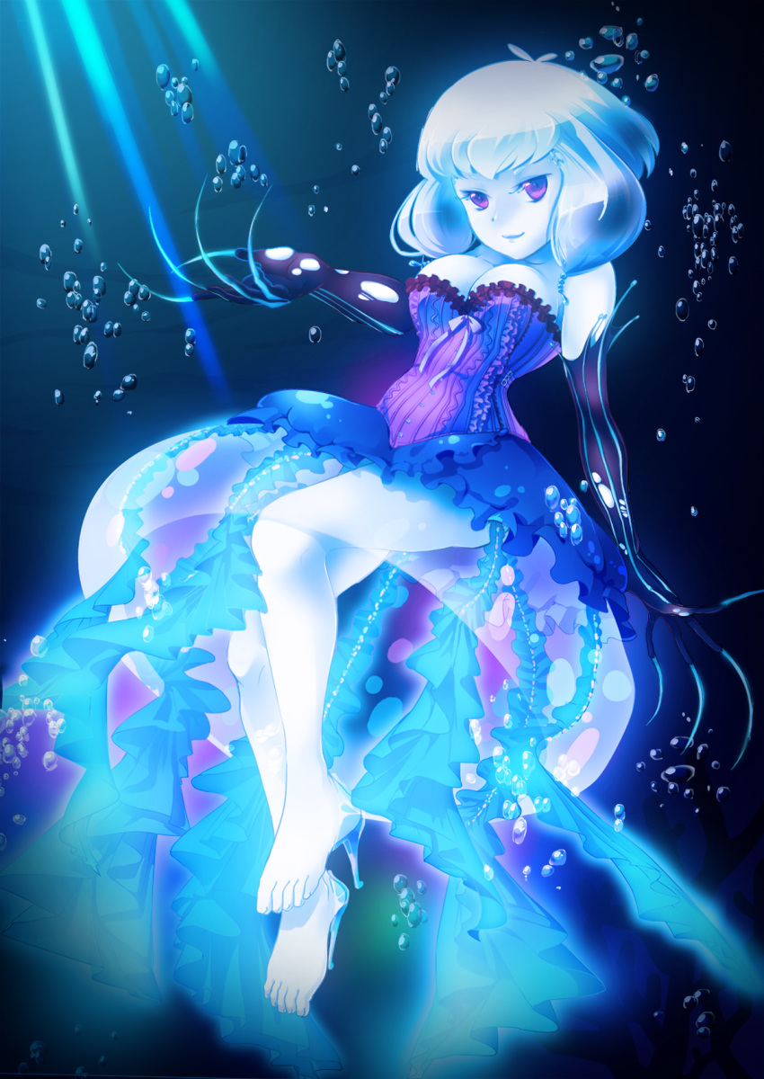 1girl air_bubble blue_hair blue_skin breasts bubble bubble_skirt cleavage come_hither corset dress elbow_gloves fingernails gloves high_heels highres jellyfish light_rays long_fingernails looking_at_viewer monster_girl motton official_art original personification purple_eyes short_hair solo underwater violet_eyes