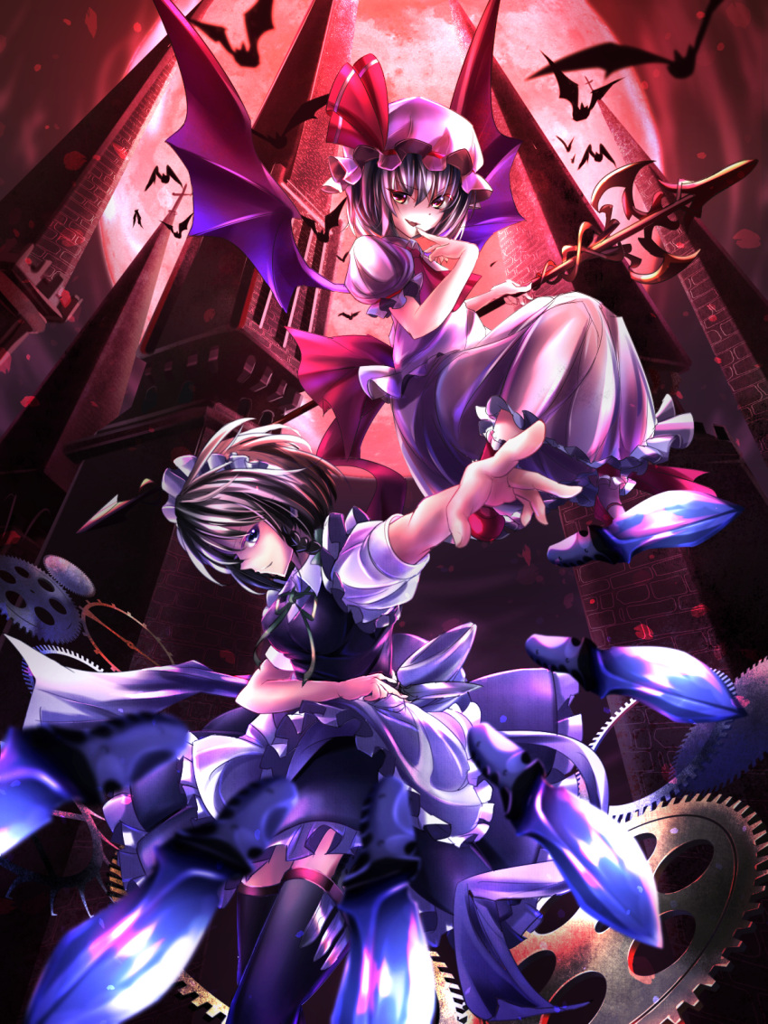2girls :d apron bat bat_wings black_legwear bow braid commentary_request fang foreshortening full_moon garter_straps gears hair_bow hat hat_ribbon highres izayoi_sakuya janne_cherry knife looking_at_viewer maid_headdress mob_cap moon multiple_girls open_mouth puffy_short_sleeves puffy_sleeves red_moon remilia_scarlet ribbon scarlet_devil_mansion short_hair short_sleeves silver_hair skirt skirt_set smile spear_the_gungnir thigh-highs touhou twin_braids waist_apron wings