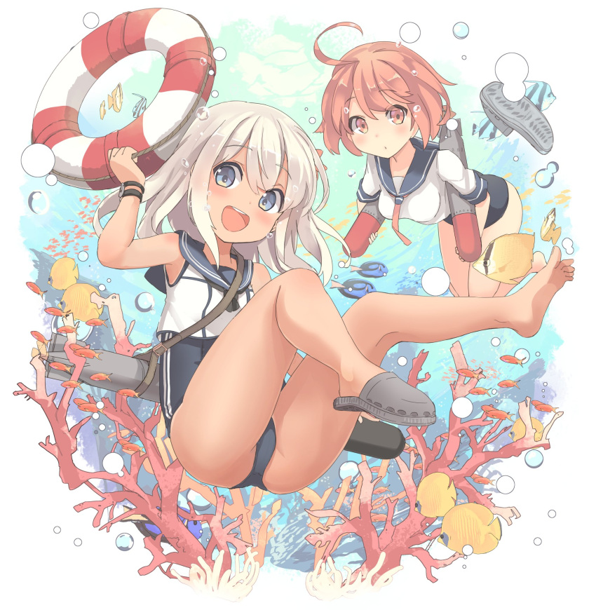 2girls ahoge air_bubble ass bare_legs barefoot blonde_hair blue_eyes bracelet brown_eyes bubble check_translation commentary coral crop_top feet fish flower hair_flower hair_ornament highres i-58_(kantai_collection) jewelry kantai_collection legs lifebuoy light_brown_hair long_hair multiple_girls nanashina one-piece_tan ro-500_(kantai_collection) sailor_collar school_swimsuit short_hair single_shoe swimming swimsuit swimsuit_under_clothes tan tanline torpedo translation_request underwater water