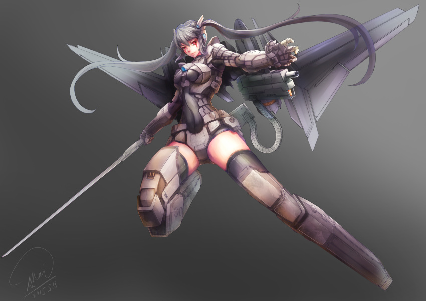 1girl 2015 absurdres ammunition_belt armor artist_name dated facial_mark gradient gradient_background highres long_hair mecha_musume outstretched_arm red_eyes shou_mai silver_hair solo sword twintails weapon