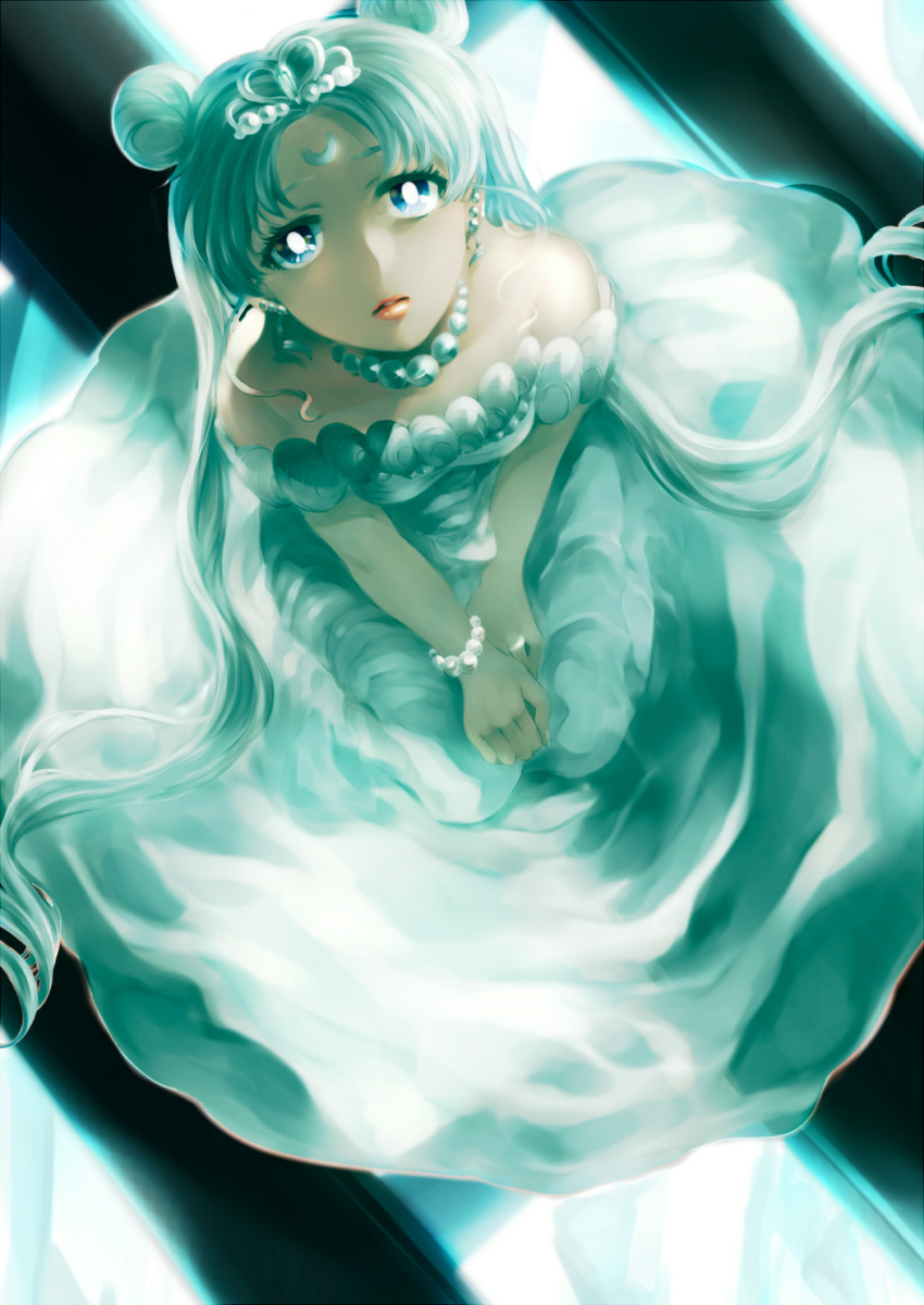 1girl aqua bare_shoulders bishoujo_senshi_sailor_moon blue_eyes bracelet crescent double_bun dress ear_studs earrings facial_mark forehead_mark from_above highres jewelry lipstick long_hair looking_at_viewer makeup mikura_(miraclemicro) necklace neo_queen_serenity orange_lipstick parted_lips pearl_bracelet pearl_necklace silver_hair sitting solo strapless strapless_dress tiara tsukino_usagi twintails v_arms white_dress
