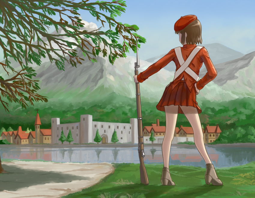 1girl adapted_uniform bayonet beret blurry brown_hair church depth_of_field facing_away fortress from_behind grass gun hand_on_hip hat high_heels highres kageng looking_away military military_uniform mountain musket original outdoors path pose red_skirt reflection river road scenery short_hair skirt soldier solo town tree uniform water weapon