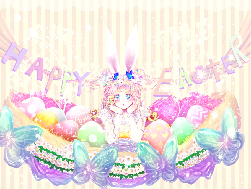 1girl :o alternate_costume animal animal_ears bangs bare_shoulders beads bird bishoujo_senshi_sailor_moon blonde_hair blue_eyes blue_flower blush bow chicken crescent double_bun easter easter_egg egg english eyelashes facial_mark flower forehead_mark hair_beads hair_flower hair_ornament hands_on_own_cheeks hands_on_own_face head_rest highres in_container leaf long_hair long_sleeves looking_at_viewer miki_shirley minigirl nail_polish nest off_shoulder oversized_object pink_lips polka_dot polka_dot_bow rabbit_ears red_nails ribbon school_uniform solo sparkle striped striped_background text triangle tsukino_usagi two_side_up upper_body venus_symbol vertical_stripes wallpaper white_flower