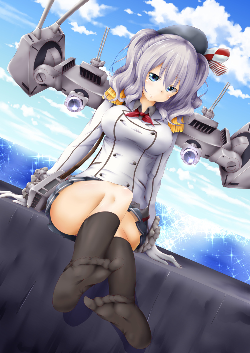 1girl beret black_legwear blue_eyes cannon epaulettes feet frilled_sleeves frills gloves hat highres kantai_collection kashima_(kantai_collection) kneehighs kuria_(clear_trip_second) machinery military military_uniform miniskirt ocean pleated_skirt silver_hair sitting skirt smile solo sparkle twintails uniform water wavy_hair white_gloves